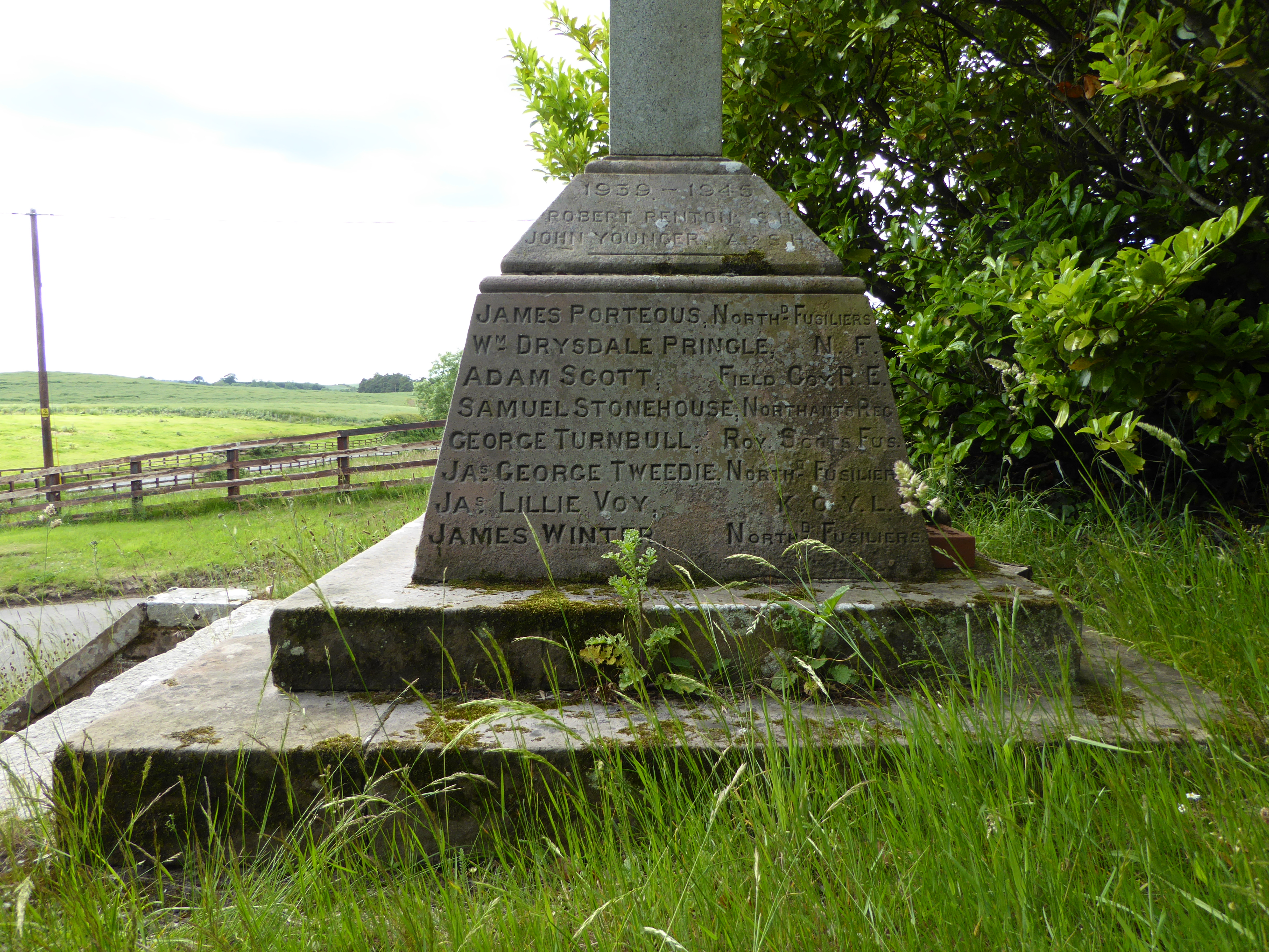 The inscription on the east-facing side of Carham War Memorial lists the names of those who died in the First World War and the Second World War