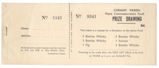 A raffle ticket sold in 1945 to support the Peace Commemoration Fund